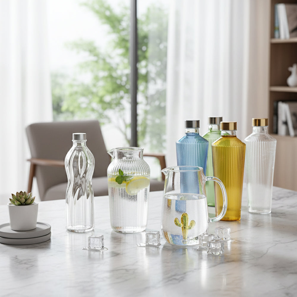 Glass bottles carafes and jugs for water wine and drinks