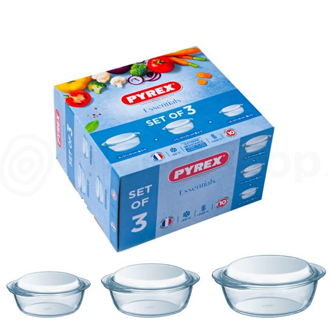 Pyrex Essentials Set 3 Cocottes rondes avec couvercle en verre borosilicaté
